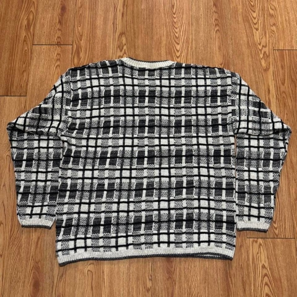 Vintage Grandpa Sweater Knit Plaid‎ Striped Multicolor Khaki 90s Size Large - Picture 2 of 6